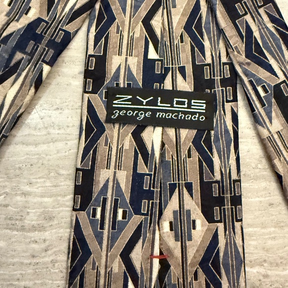 Zylos George Machado 100% Silk Tie Print Abstract Tan and Black Extra Long 63" - Picture 10 of 12